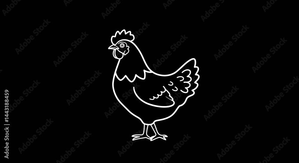 Fototapeta premium White Line Art Rooster Profile on Black Background