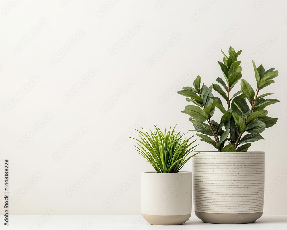 Perfectly balanced composition of three potted plants in neutral ceramic containers Perfectly balanced composition of three potted plants in neutral ceramic containers