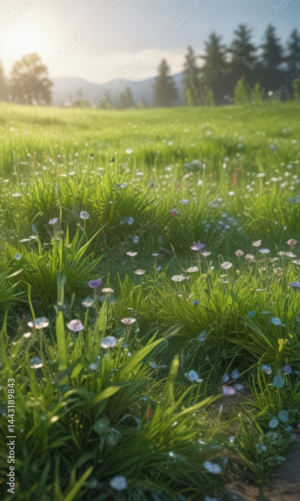 Obraz premium Vibrant green meadow with wildflowers, sparkling dew drops on grass, green, grass