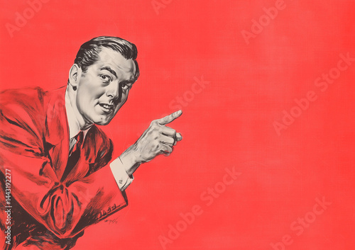 a 1950s advertising illustration of a man pointing on red background, room for text