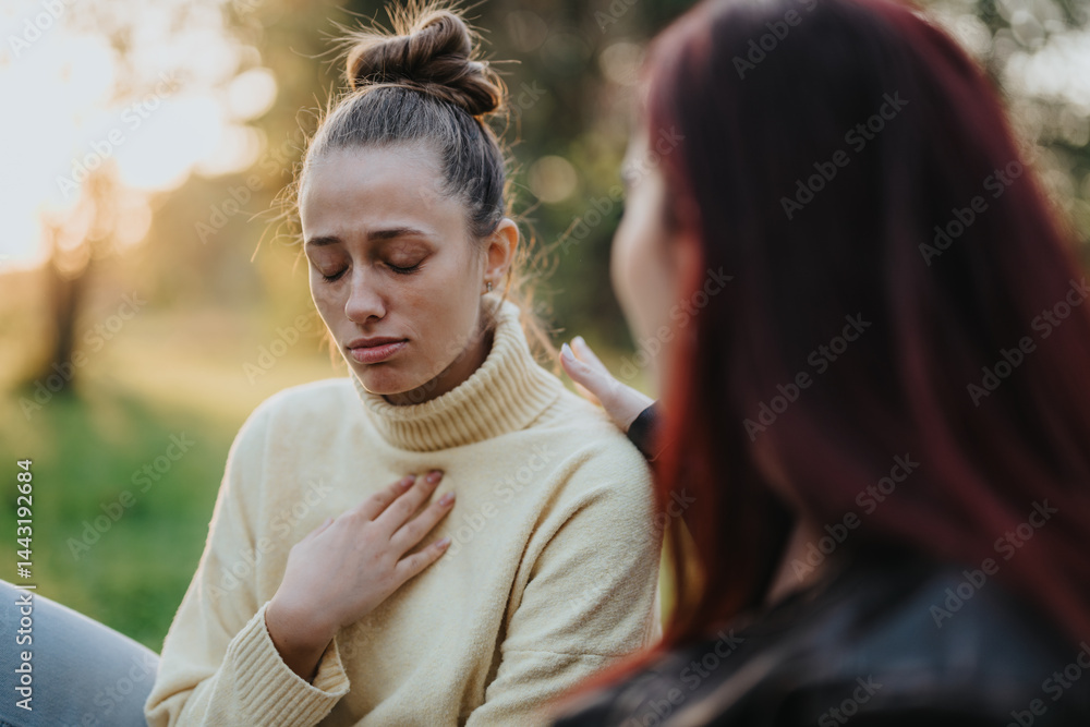 A young woman appears emotionally distressed while her friend comforts her in a scenic outdoor setting. This scene highlights empathy, support, and friendship during challenging times.