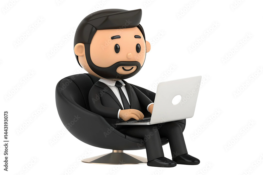 Cartoon Businessman Working on Laptop in Comfortable Chair 3D Render of a Relaxed Professional Using Technology for Efficient Work Cartoon Businessman Working on Laptop in Comfortable Chair 3D Render of a Relaxed Professional Using Technology for Efficient Work