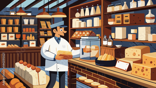 A man in a white lab coat is holding a cheese in a store. The store is filled with various types of cheese and bread