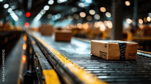 Cardboard boxes moving on a conveyor belt in a warehouse setting. Focus on the details of the boxes and the conveyor system.
