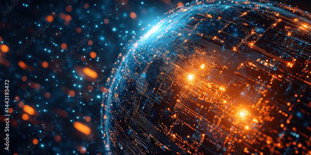 Fototapeta premium Futuristic digital globe with glowing circuits and vibrant particles in space.