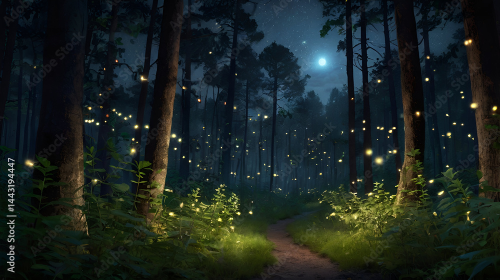 Fototapeta premium A serene moonlit forest with glowing fireflies
