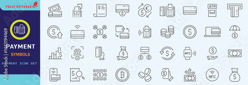 Credit, Loans and Mortgages web icons in outline style. Credit card, deposit, car leasing, rate interest, calculator, income, rating, collection. Editable stroke outline icon