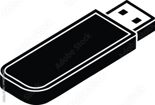 USB flash drive icon in solid black silhouette with rectangular outline panel, ideal for digital storage, tech illustrations, and file transfer interface design
