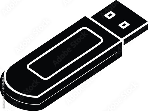 USB flash drive silhouette icon in solid black vector style, representing portable data storage, file transfer devices, and digital tech tools