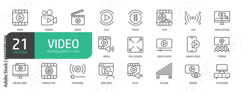 Set Of Video Line Icons. Contains such icons as Cinema, Screen, Streaming, Play, movie, Pause, Live, Production, and more.