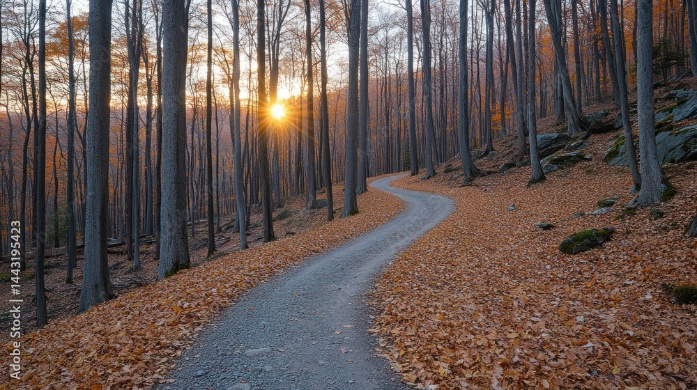 Naklejka premium Autumn Forest Path at Sunset