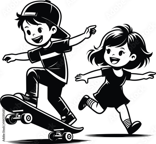 Boy Skateboarding on Sunny Day While Girl Cheers – Teen Friendship and Active Lifestyle