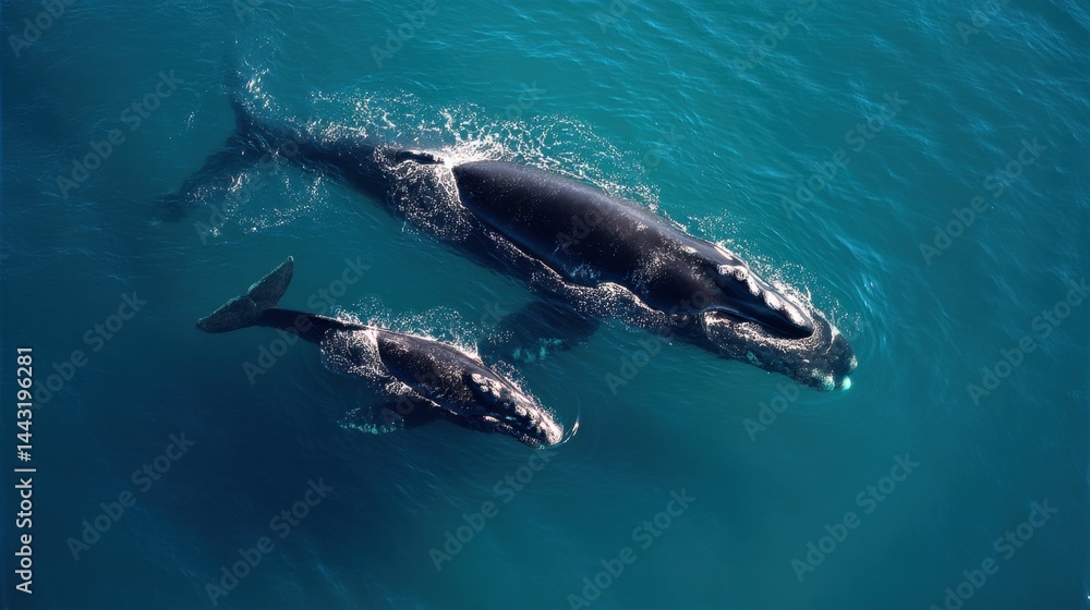 Fototapeta premium Right Whale Mother and Calf Swimming