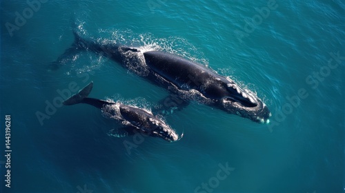 Right Whale Mother and Calf Swimming