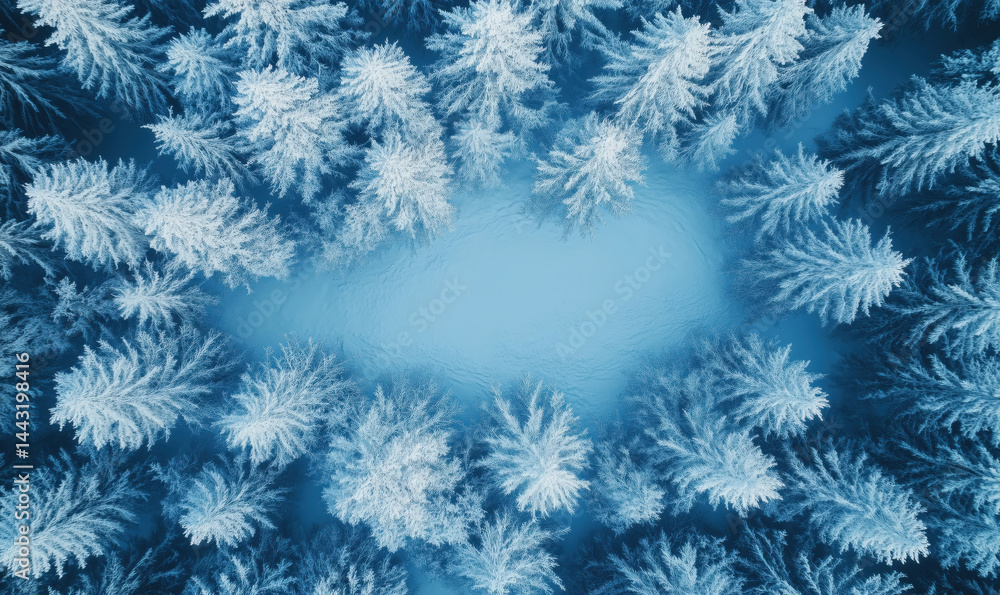 Aerial view of snow-covered pine trees surrounding a frozen lake in winter landscape. Aerial view of snow-covered pine trees surrounding a frozen lake in winter landscape.