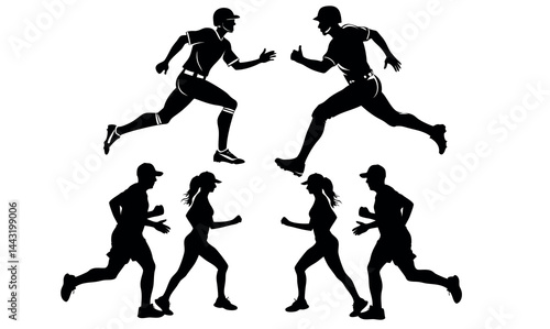 Running Silhouettes of Men and Women in Various Running set vector design Positions, A repeating pattern of black silhouettes of men and women running, pattern, sports apparel, activewear, active life