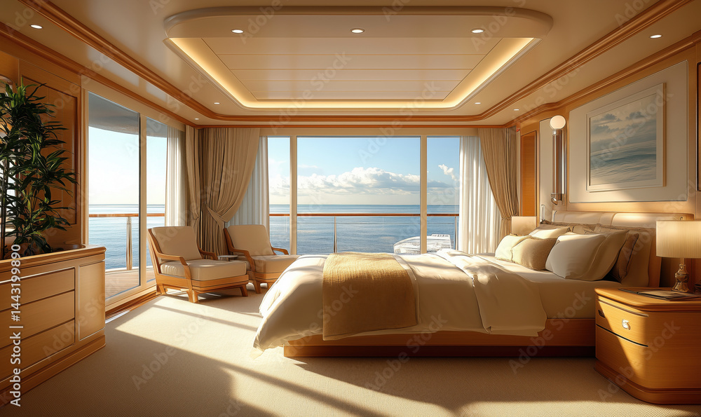Fototapeta premium luxurious cruise ship cabin with ocean view and elegant interior design.