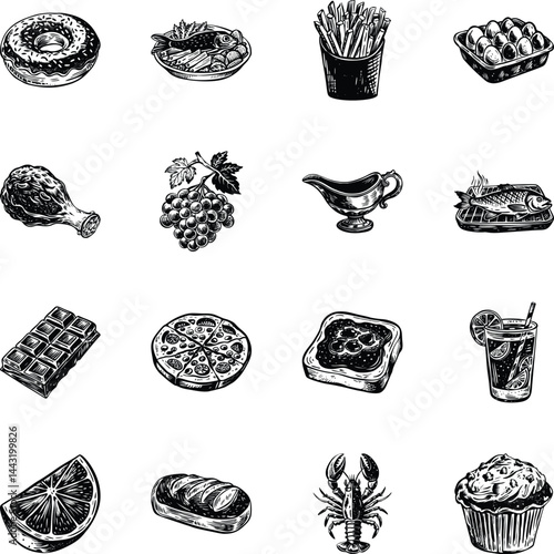 Set of 16 Vintage Style Food Illustrations 


