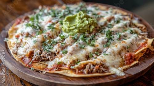 Wallpaper Mural Delicious cheesy nachos with guacamole and fresh herbs on a rustic wooden plate at a restaurant table perfect for food photography and culinary concepts Torontodigital.ca
