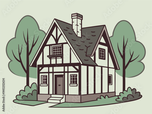 Classic House Illustration with Garden Landscape