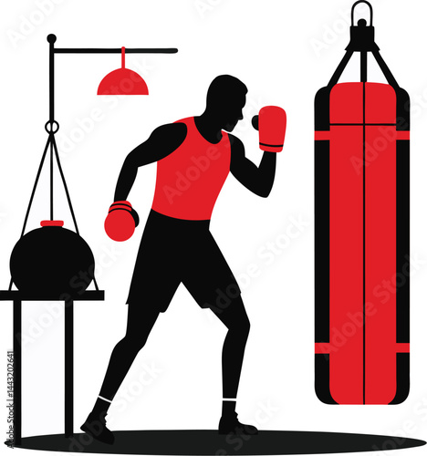 Vector silhouette of a boxer training on white background