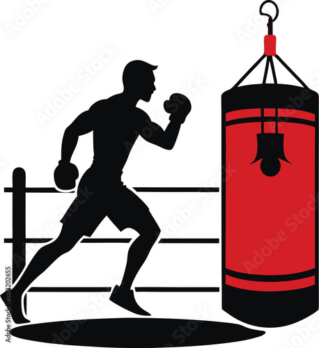 Vector silhouette of a boxer training on white background