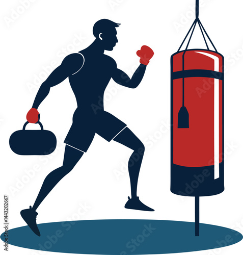 Vector silhouette of a boxer training on white background