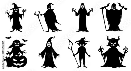 Halloween Silhouettes Witch Grim Reaper and Pumpkin Specter