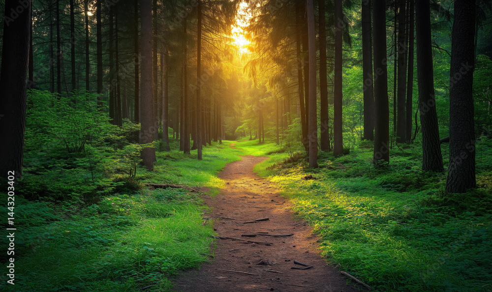 Fototapeta premium Serene forest path illuminated by golden sunlight through tall trees.