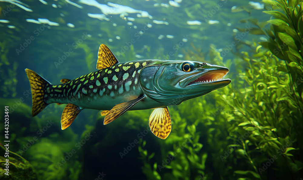 Fototapeta premium Vibrant underwater scene featuring a northern pike swimming among aquatic plants.