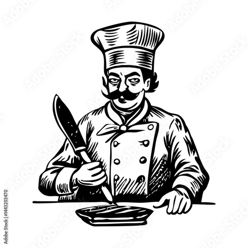 A chef holding a knife, hand drawn illustration