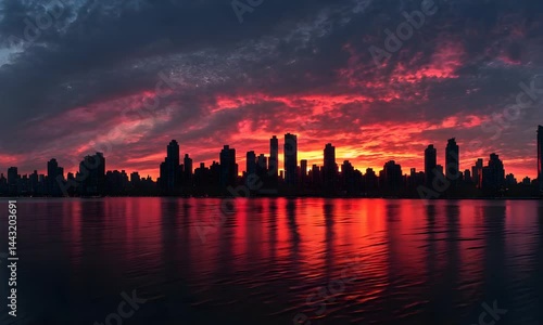 Stunning sunset over city skyline reflecting on water with vibrant colors in urban landscape