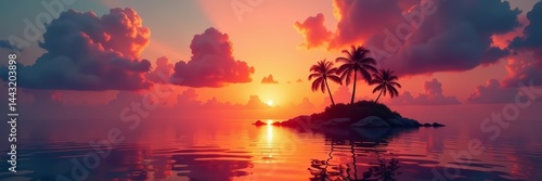 Vivid sunset over tranquil tropical island with palm tree silhouettes, tropical, background, seascape