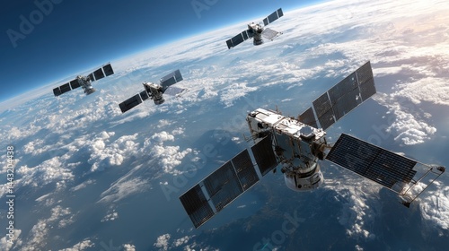 Multiple satellites orbiting Earth above a cloudy atmosphere. Detailed view of solar panels and satellite structures.