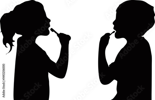children brushing teeth silhouette