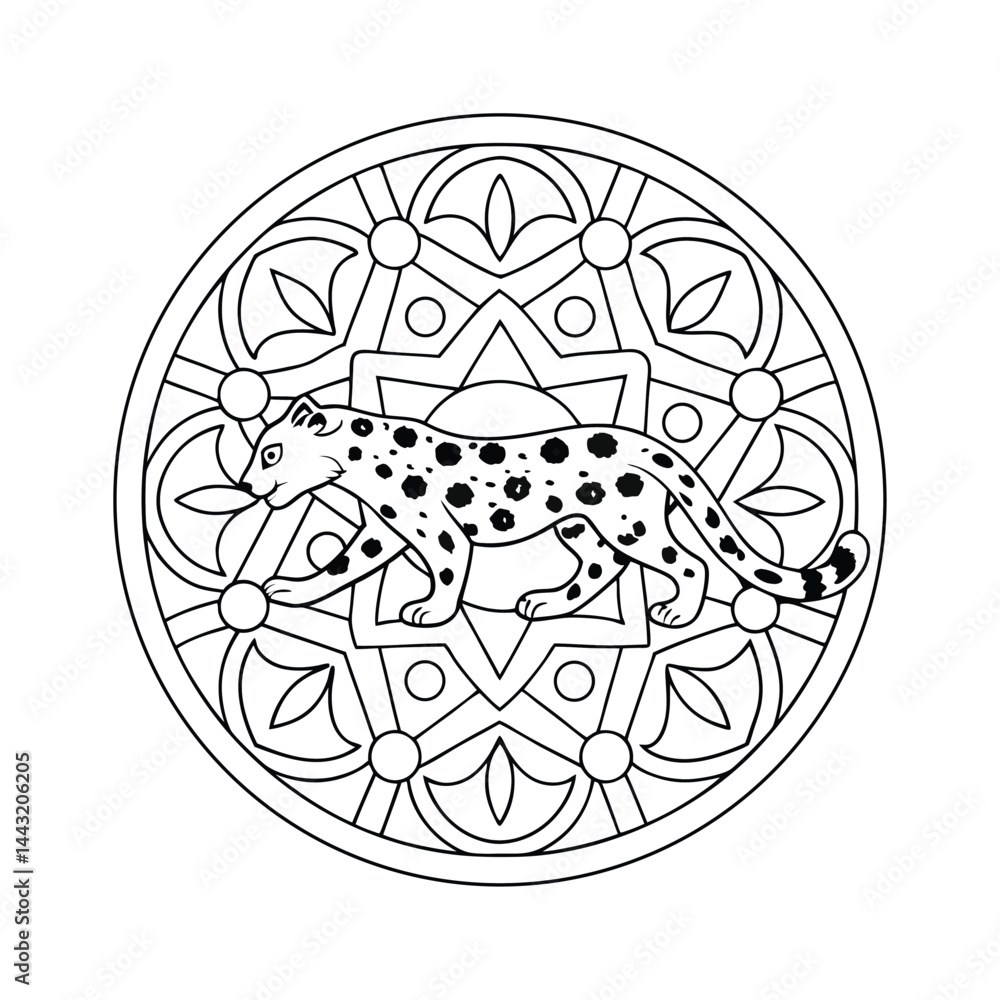 Fototapeta premium Leopard mandala coloring page elegant pattern for relaxation and artistic expression