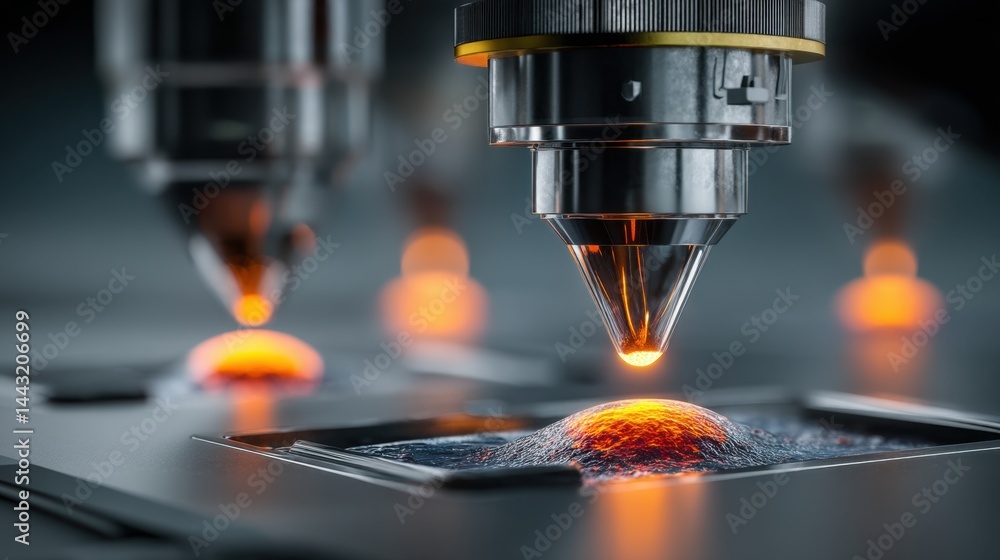 Close up of metallic scientific instruments with glowing orange tips precisely interacting with a small, bubbling surface. Close up of metallic scientific instruments with glowing orange tips precisely interacting with a small, bubbling surface.