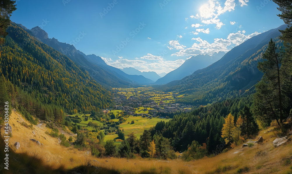 Obraz premium Stunning panoramic view of alpine valley with vibrant greenery and mountains.