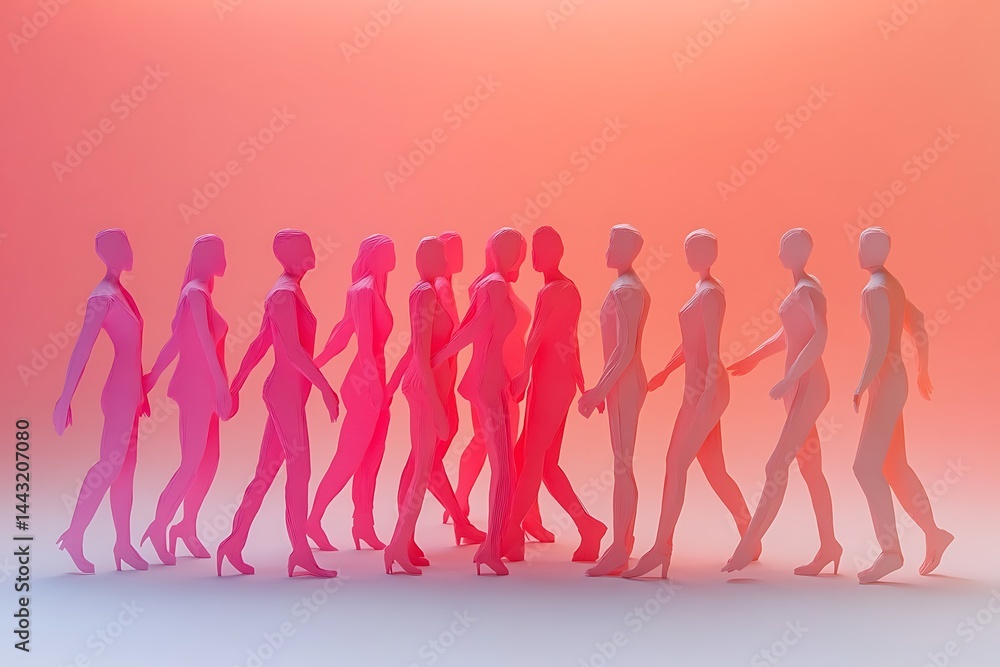 Pink Paper People Walking in Hopeful Stride Sequence Pink Paper People Walking in Hopeful Stride Sequence