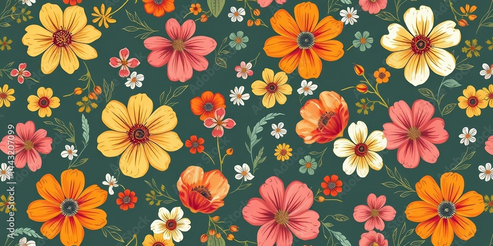 Whimsical hand-drawn floral seamless pattern, perfect for textile & decor, design element, background Whimsical hand-drawn floral seamless pattern, perfect for textile & decor, design element, background
