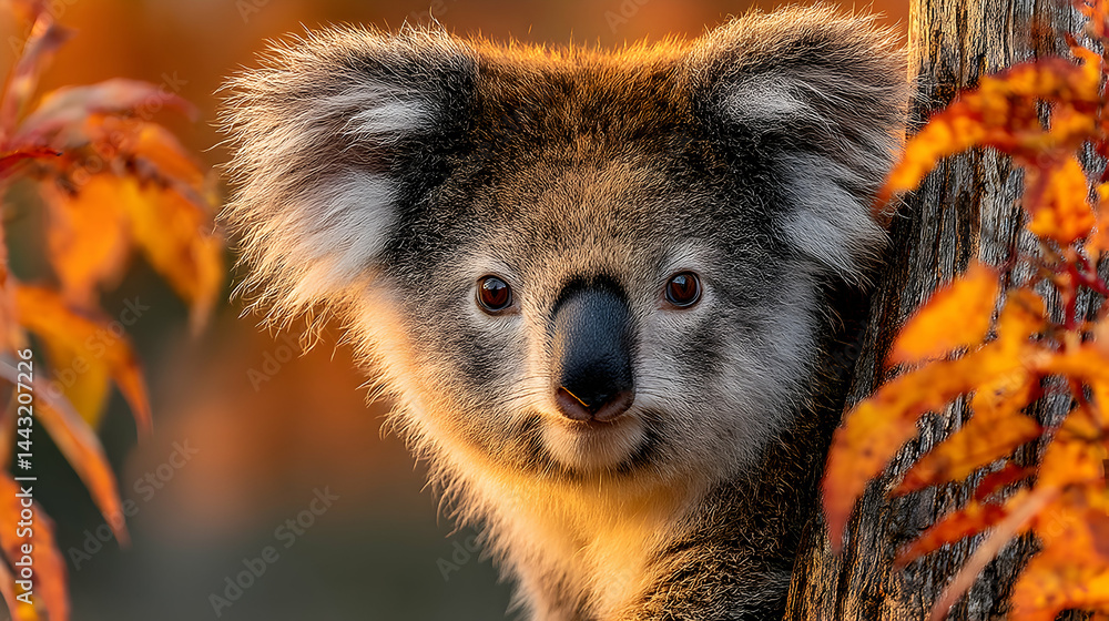 Obraz premium Adorable koala bear portrait, golden hour lighting, autumn leaves.