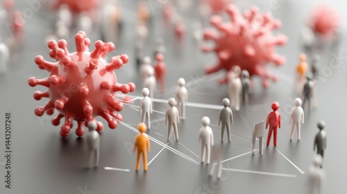3D rendering of virus and small figures representing people connected by lines, illustrating disease transmission.