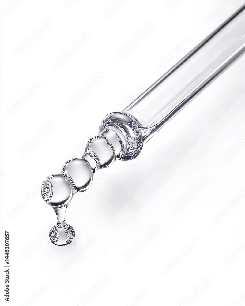Close up of a clear glass dropper with a single drop falling in a clean white background studio shot showcasing cosmetic serum liquid for skincare Close up of a clear glass dropper with a single drop falling in a clean white background studio shot showcasing cosmetic serum liquid for skincare