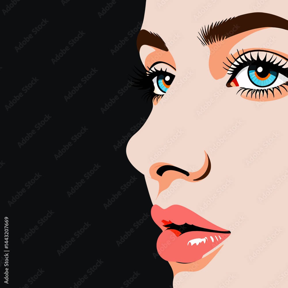 Fototapeta premium Elegant_Woman_Portrait_Digital_Art_Beautiful_Blue_Eyes_Long_Lashes_Stylish_Makeup_Fashion_Illustration_Modern_Art_Print_Wall_Decor_Feminine_Artwork