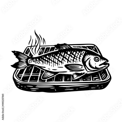 A vintage style illustration of grilled trout