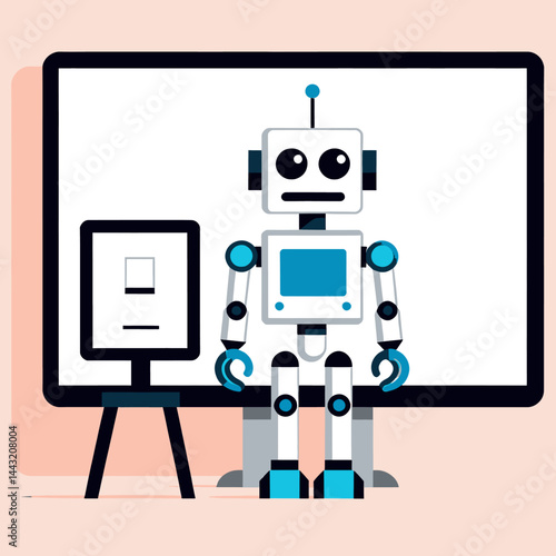 Illustration of a Cartoon Robot Giving a Presentation on a Whiteboard_AI Education_Robotics in Learning_Future of Education_Teaching Tools_Automation in Schools