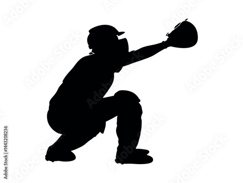 Silhouette of a Baseball Catcher in Action, vector black and white silhouette of a baseball catcher, mid-catch. sports illustration, monochrome, silhouette, black and white, sport, equipment, protecti