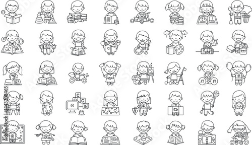 Kindergarten line icon set. Vector pictograms of preschool children activity, drawing, painting, reading, science experiment, cooking, crafting, board games