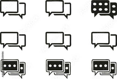 Set of overlapping speech bubble icons in various black silhouette styles with text dots, ideal for communication apps, chat UI, and mobile or web interface design
