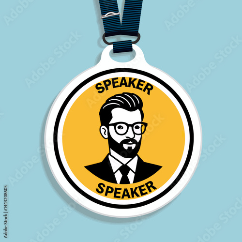 Speaker Badge Illustration_Conference Presenter Identification_Event Guest Pass_Seminar Speaker Profile_Man with Beard and Glasses_Corporate Event Identity